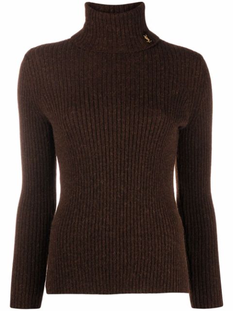 brown ribbed polo neck jumper