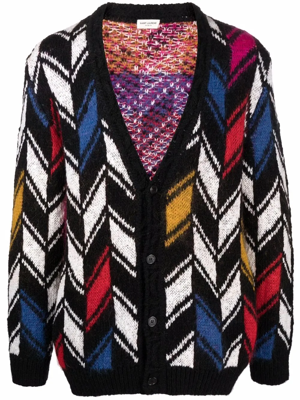 Shop Saint Laurent Patterned Intarsia-knit Cardigan In Black