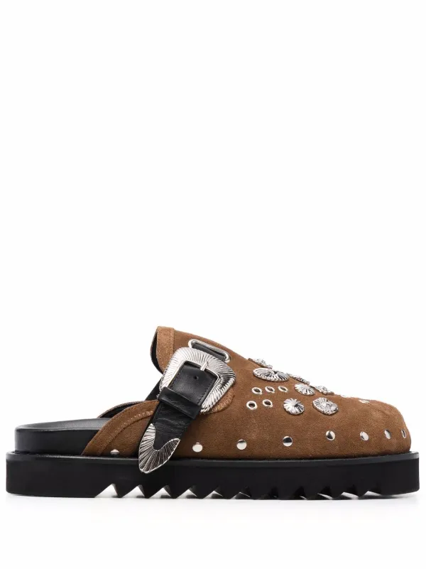 Toga Virilis stud-embellished Buckled Clogs | Brown | FARFETCH