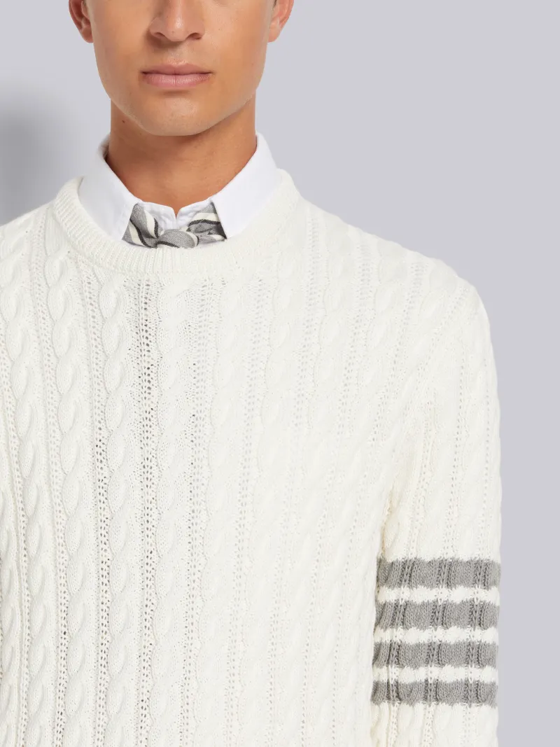 White Cotton 4-Bar Cable Knit Crew Neck 