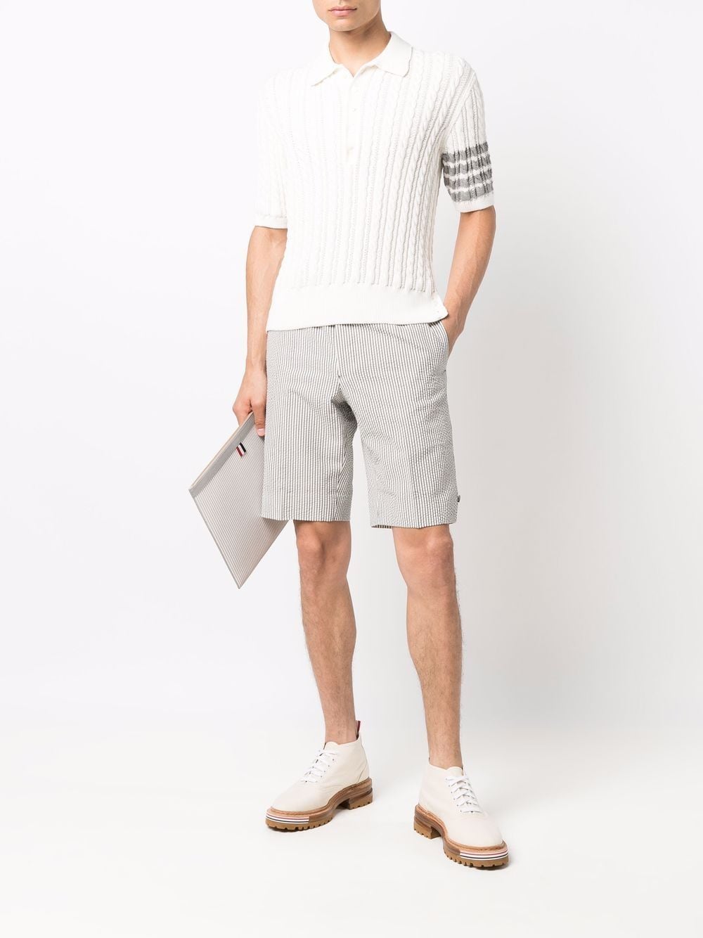 Shop Thom Browne 4-bar Cable Polo Shirt In White