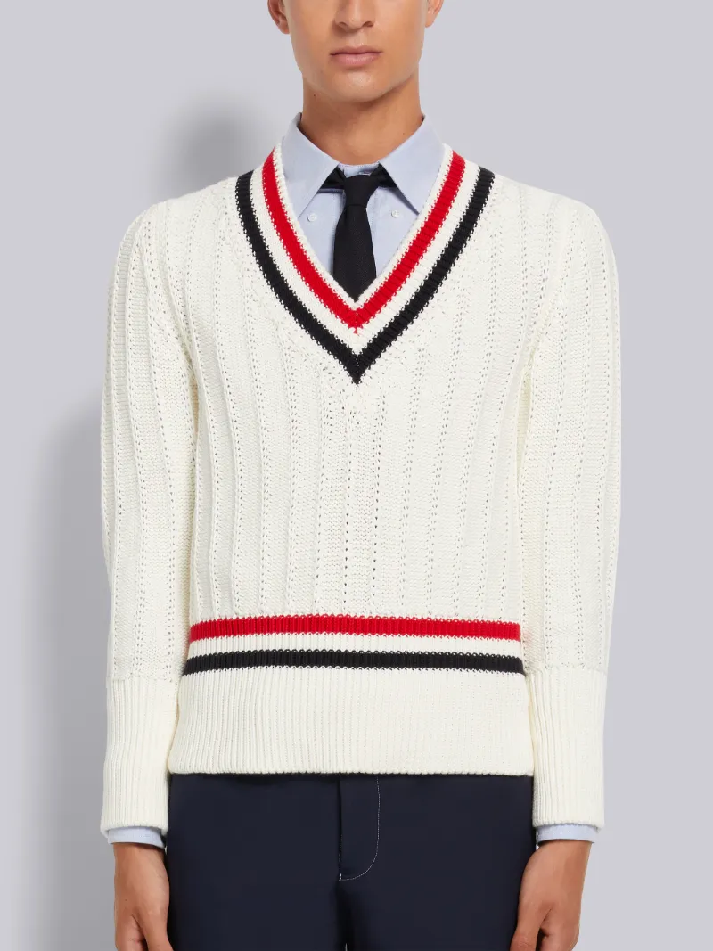 White Cotton Stripe Trim Cable Knit V 