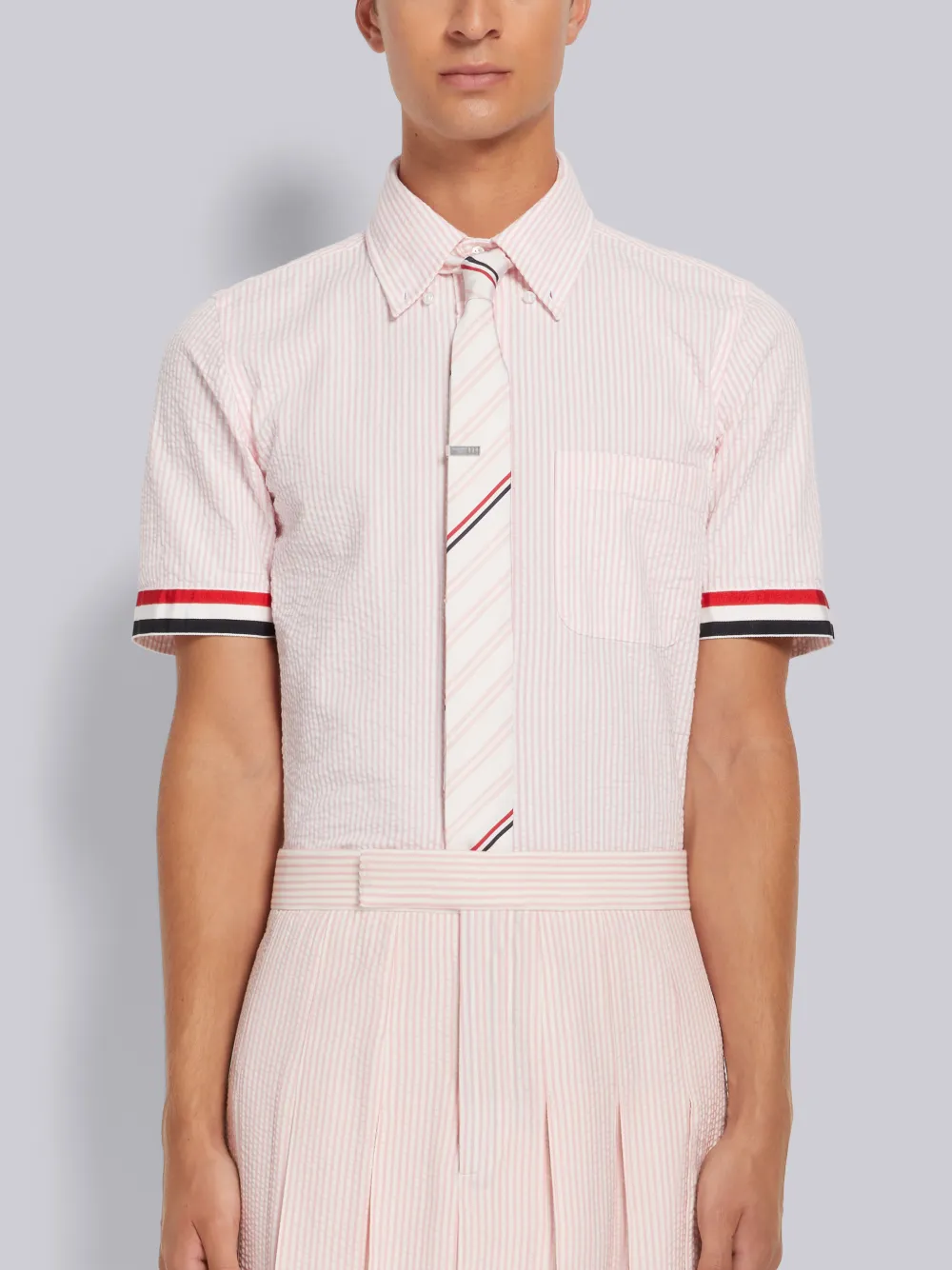 Thom Browne Short Sleeve Grosgrain Cuff Detail Cotton Seersucker Shirt In Pink