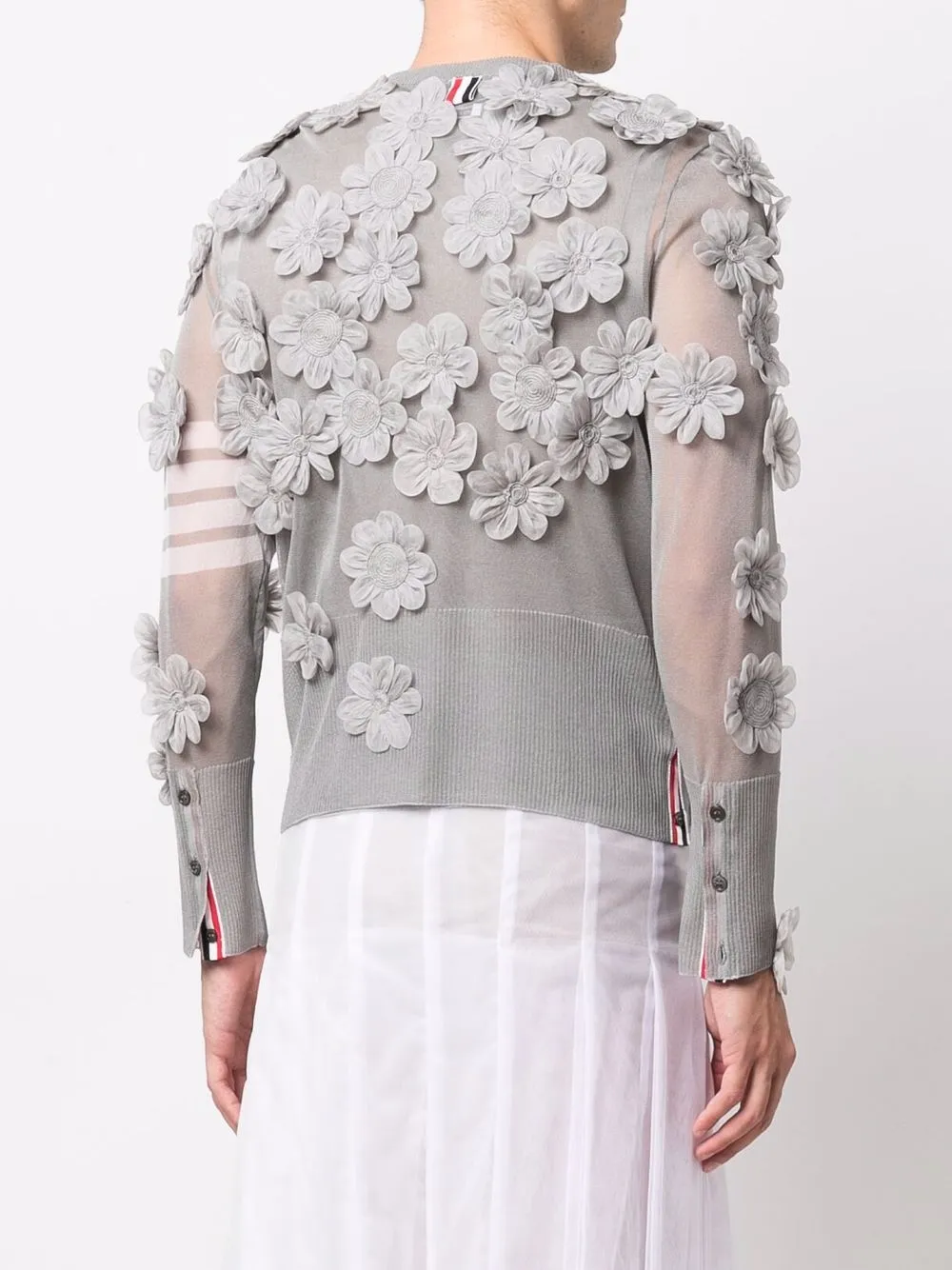 THOM BROWNE FLORAL-APPLIQUÉ SEMI-SHEER ORGANZA CARDIGAN