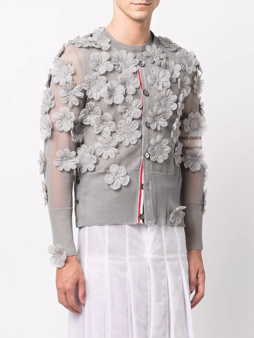THOM BROWNE FLORAL-APPLIQUÉ SEMI-SHEER ORGANZA CARDIGAN