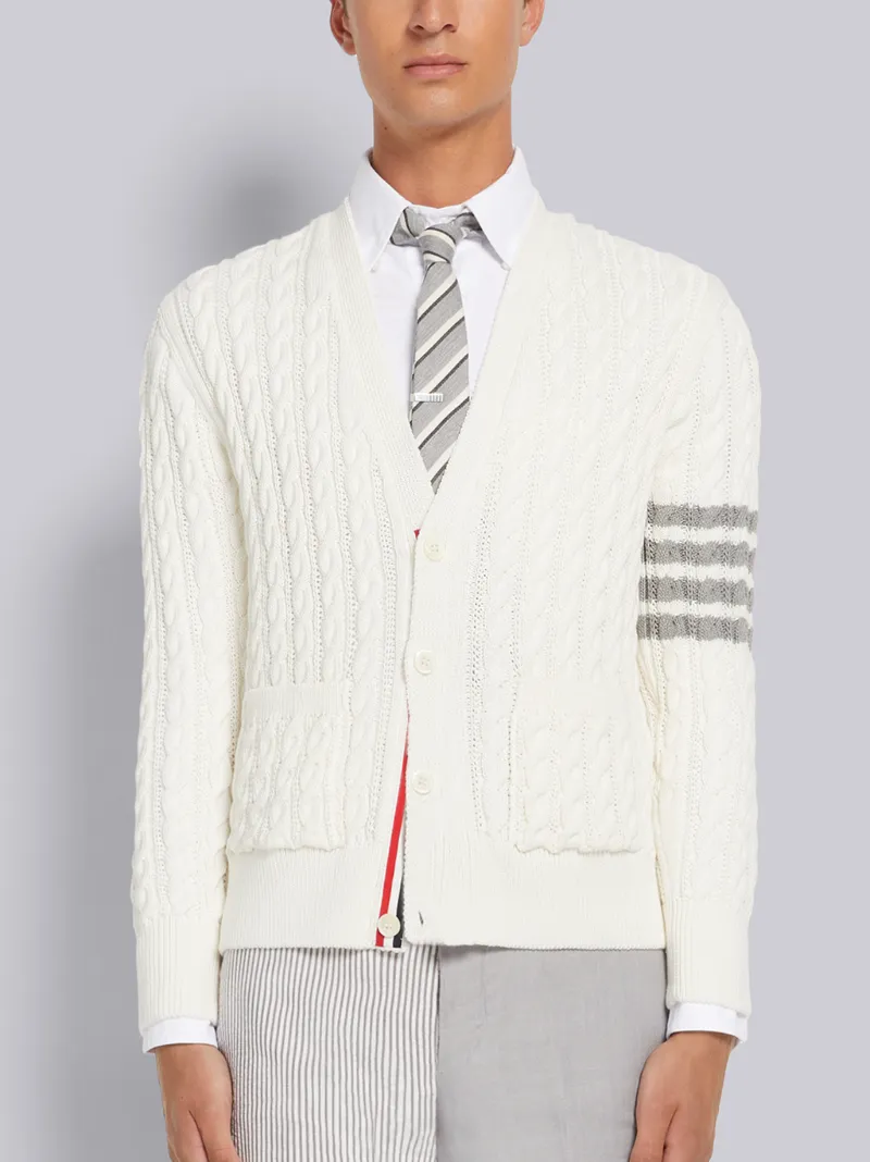 White Cotton 4-Bar Cable Knit V-Neck 