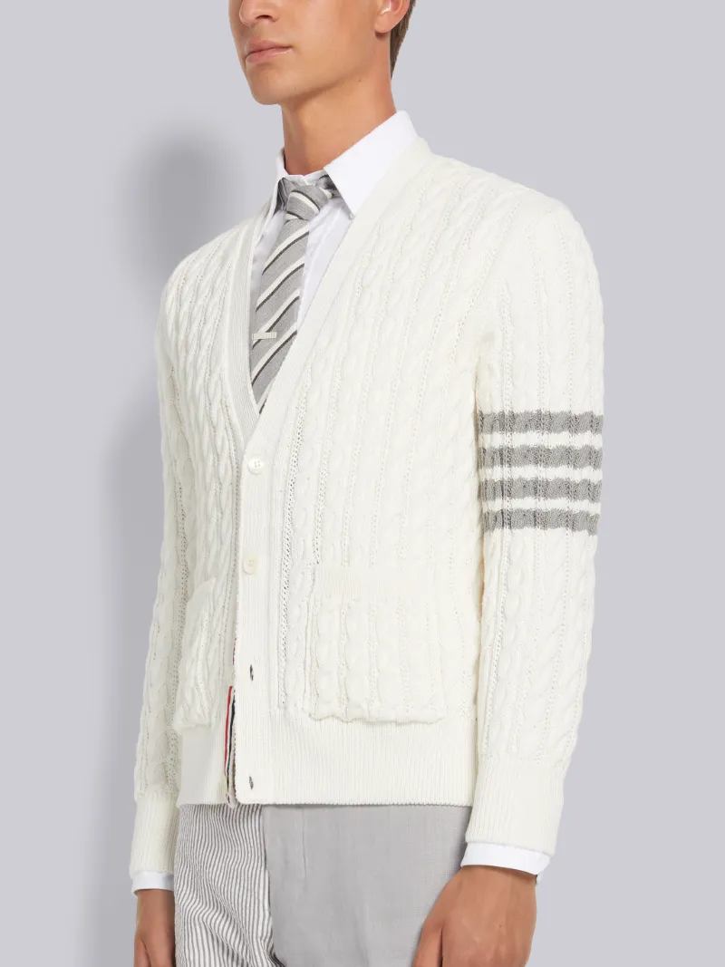 White Cotton 4-Bar Cable Knit V-Neck 