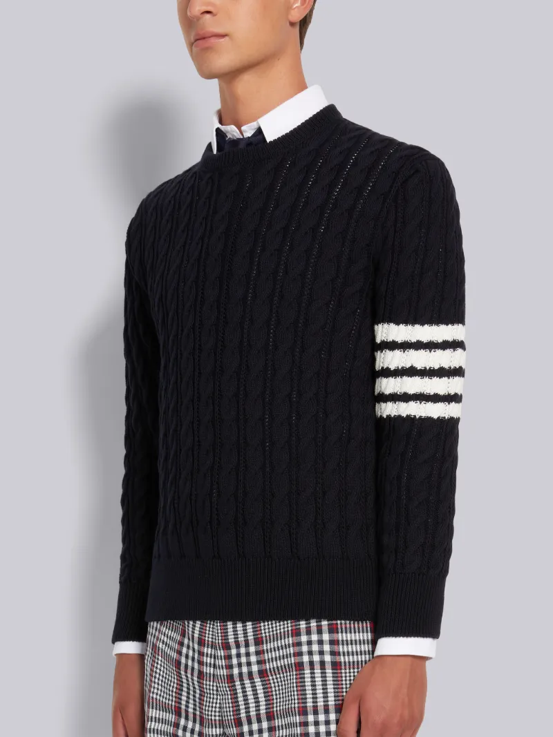 Navy Cotton 4-Bar Cable Knit Crew Neck 