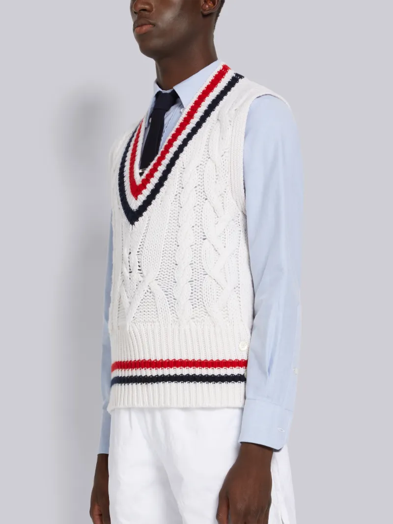 White Cashmere Stripe Trim Cable Knit V-Neck Vest | Thom Browne 