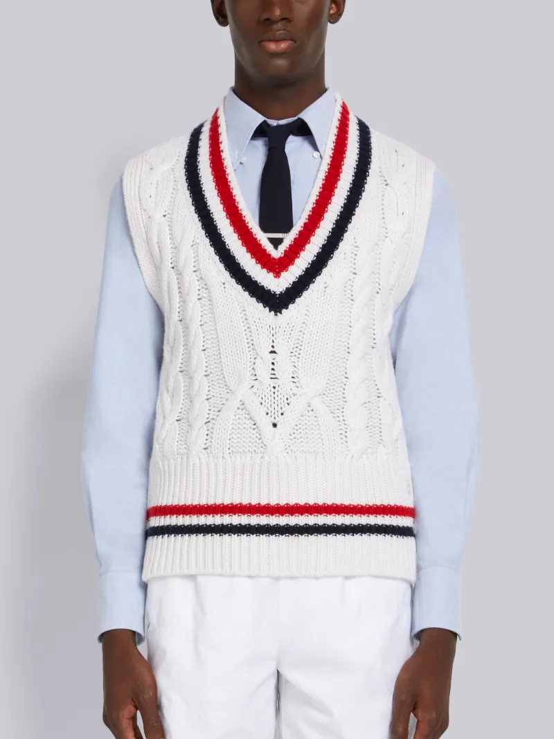 White Cashmere Stripe Trim Cable Knit V 