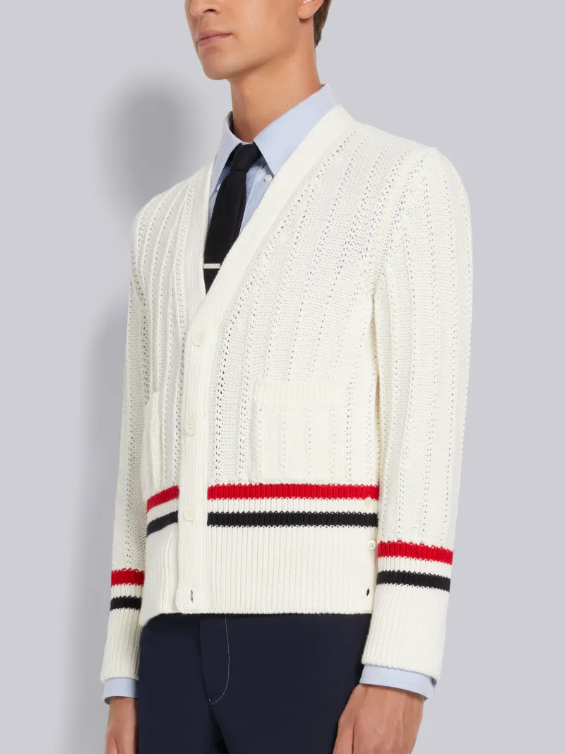 White Cotton Stripe Trim Cable Knit V 