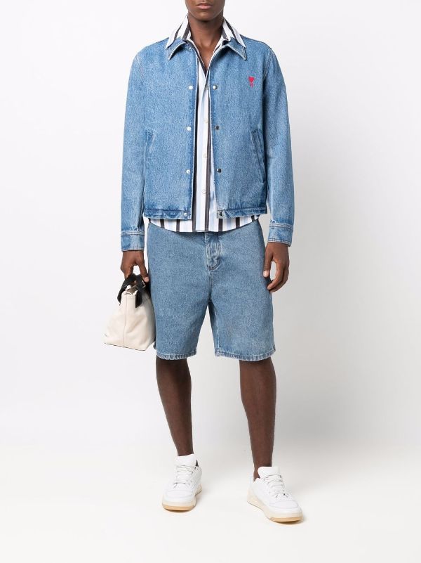 jean jacket with khaki shorts