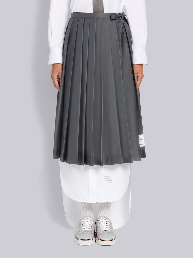 Silver Sheer Nylon Ripstop Below The Knee Pleated Wrap Skirt Thom
