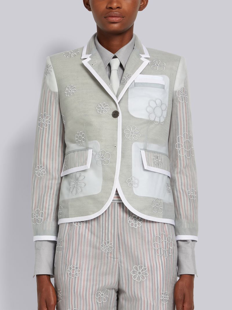 informal Retired Align Light Grey Sheer Soft Tulle Contrast Tipping Satin Stitch Floral Outline High Armhole Sport Coat | Thom Browne Official informal Retired Align Light Grey Sheer Soft Tulle Contrast Tipping Satin Stitch Floral Outline High Armhole Sport Coat | Thom Browne Official