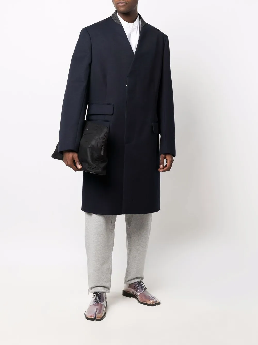 collarless mid-length coat