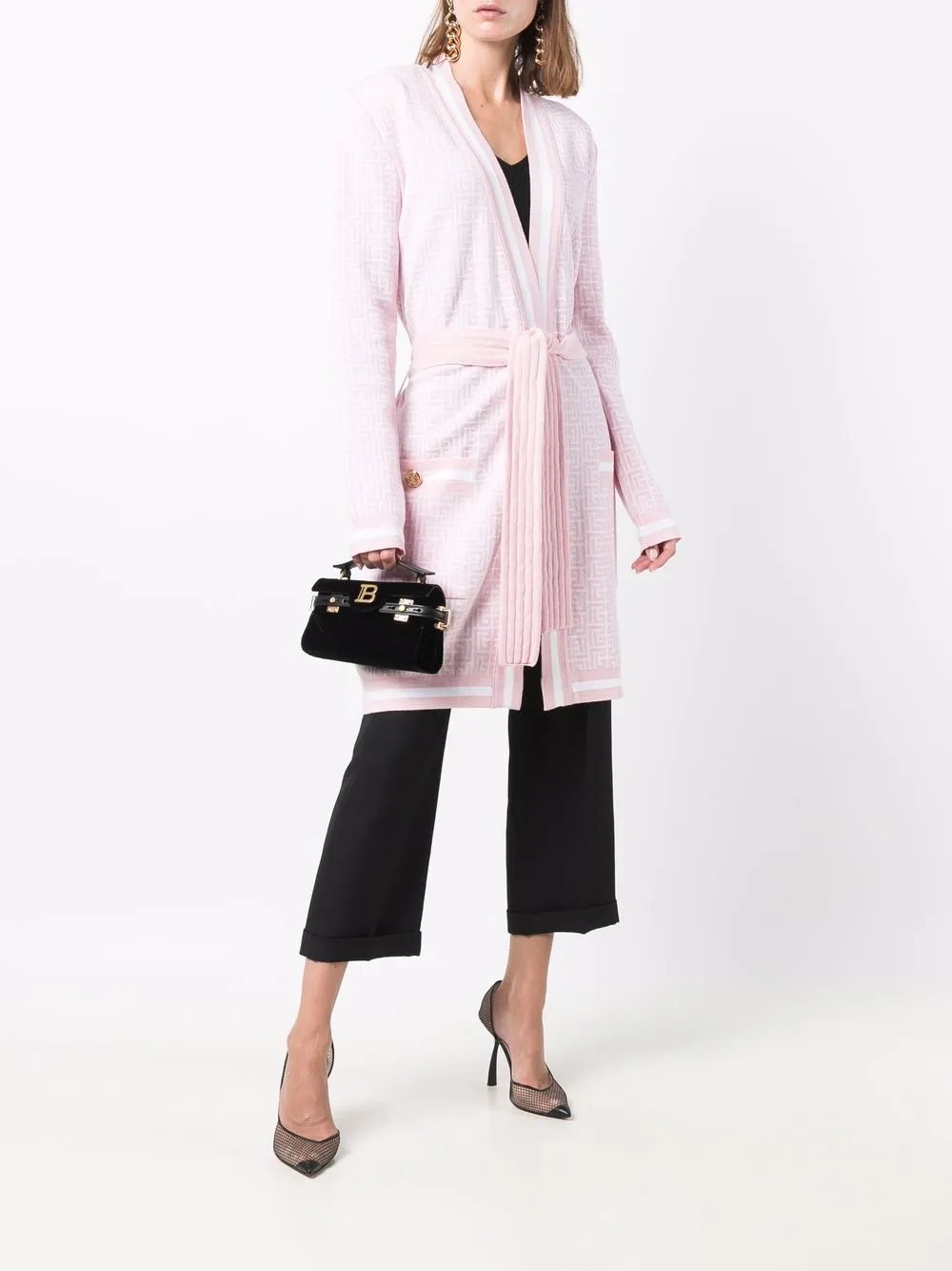 фото Balmain кардиган-пальто с поясом и жаккардовым логотипом