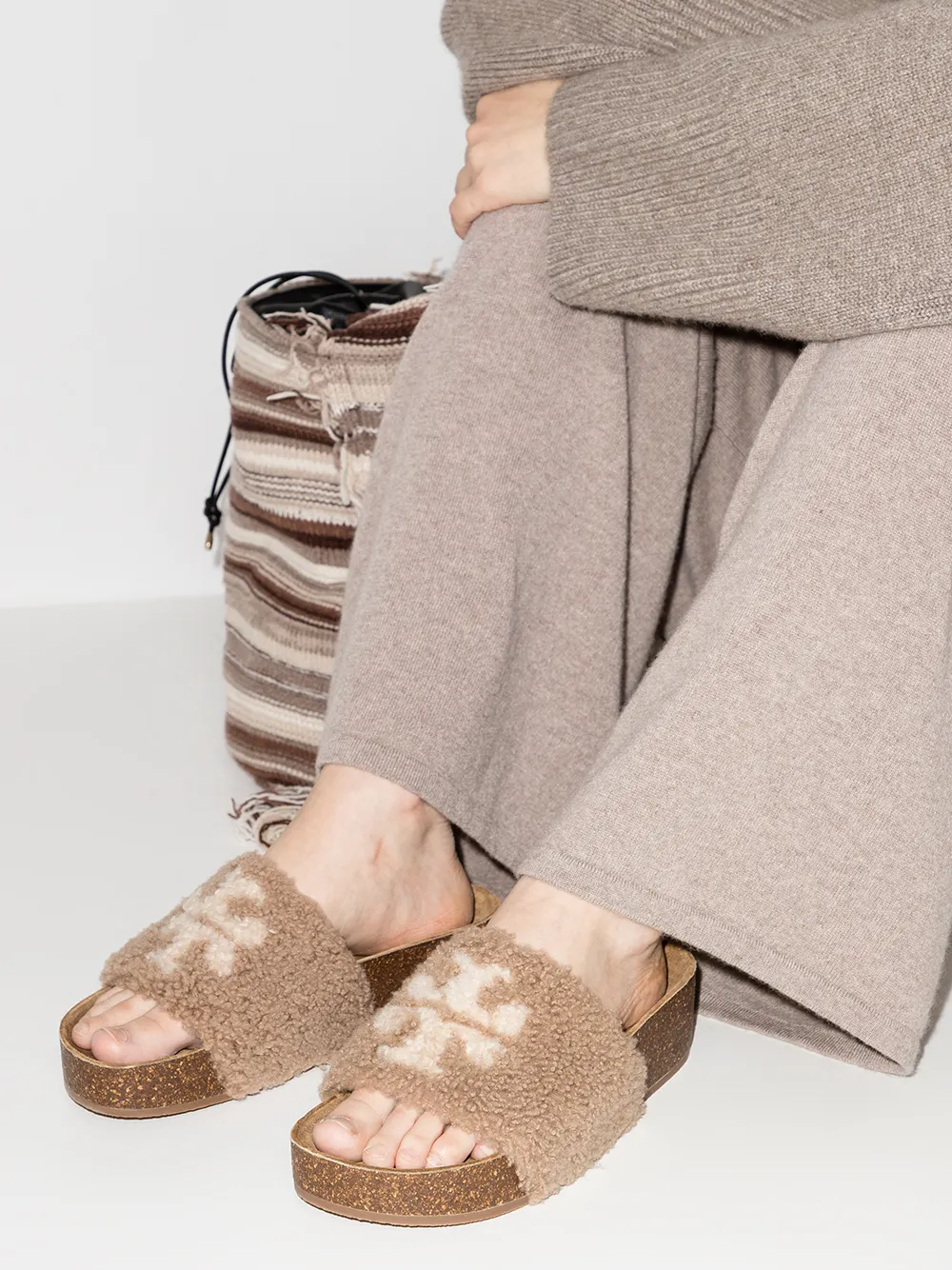 Tory Burch Double T Shearling Sandals Farfetch