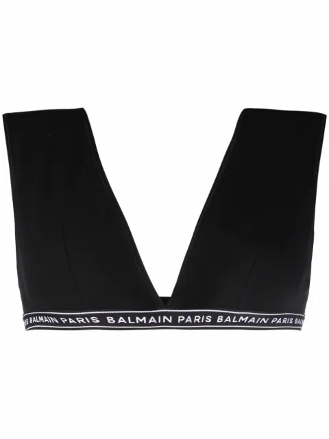 Balmain توب قصير قطن مرن بشعار الماركة وبحياكة إنتارسيا