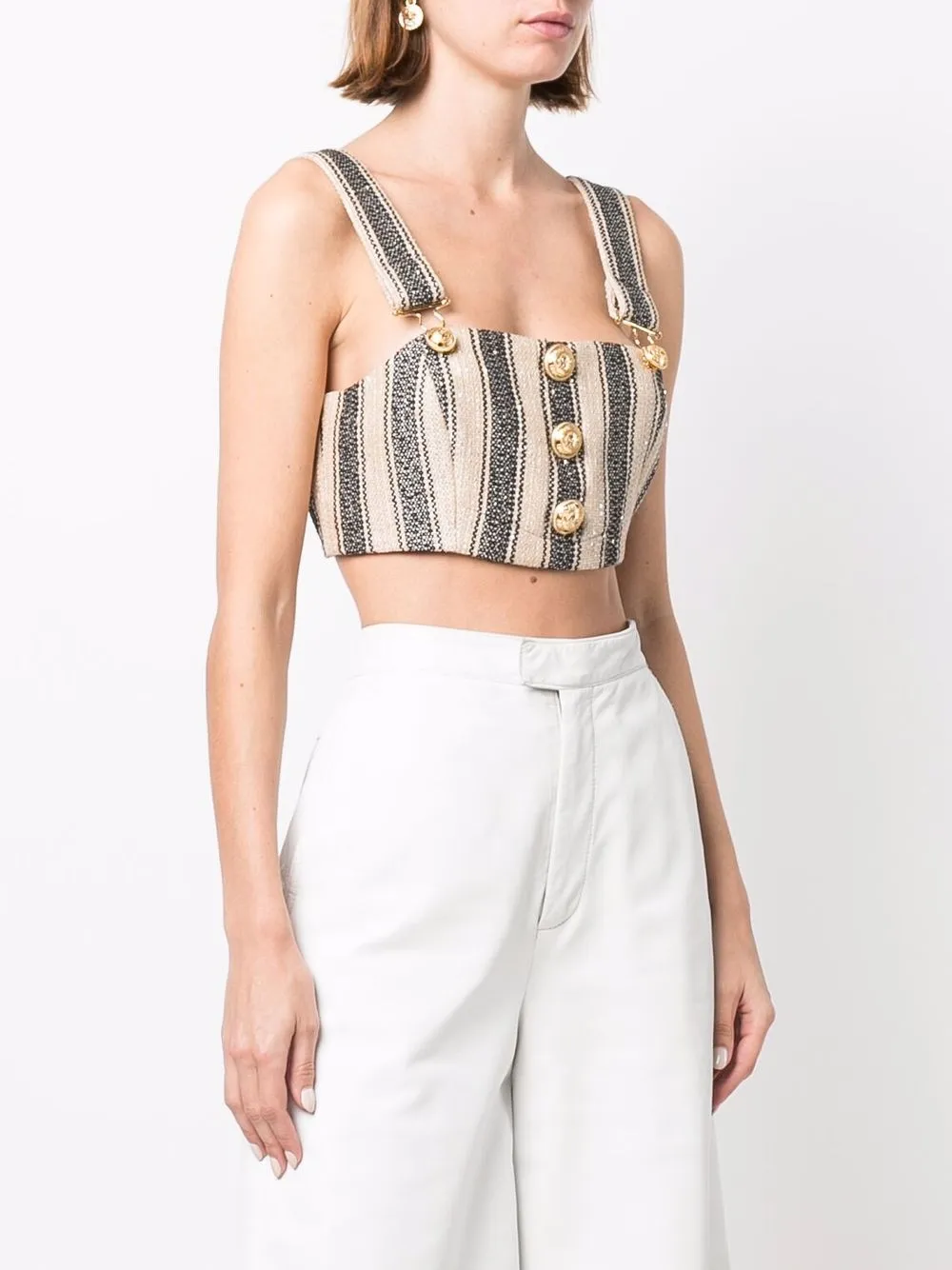 Shop Balmain Striped Cropped Top In Neutrals