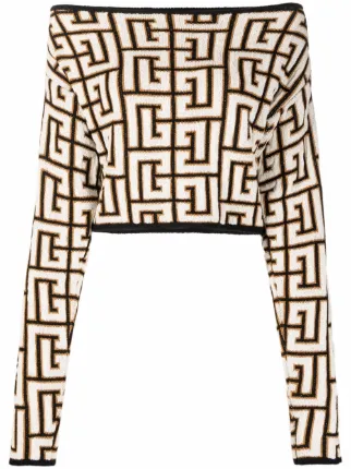 Balmain Cropped off shoulder Monogram Knit Top Farfetch