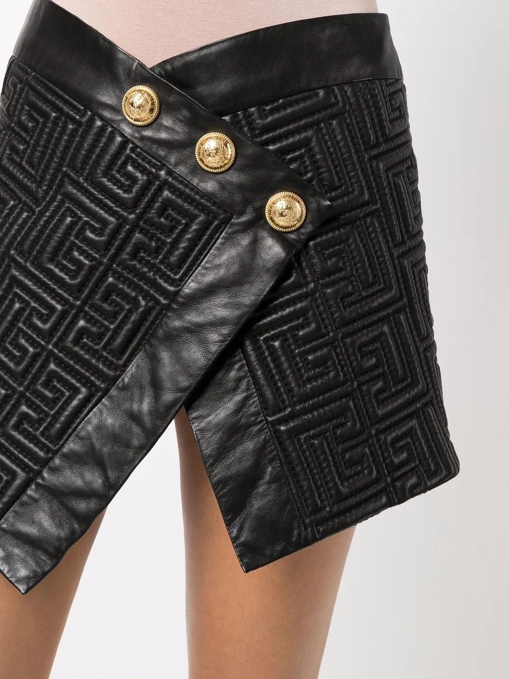 Balmain Leather Monogram-Quilted Mini Skirt