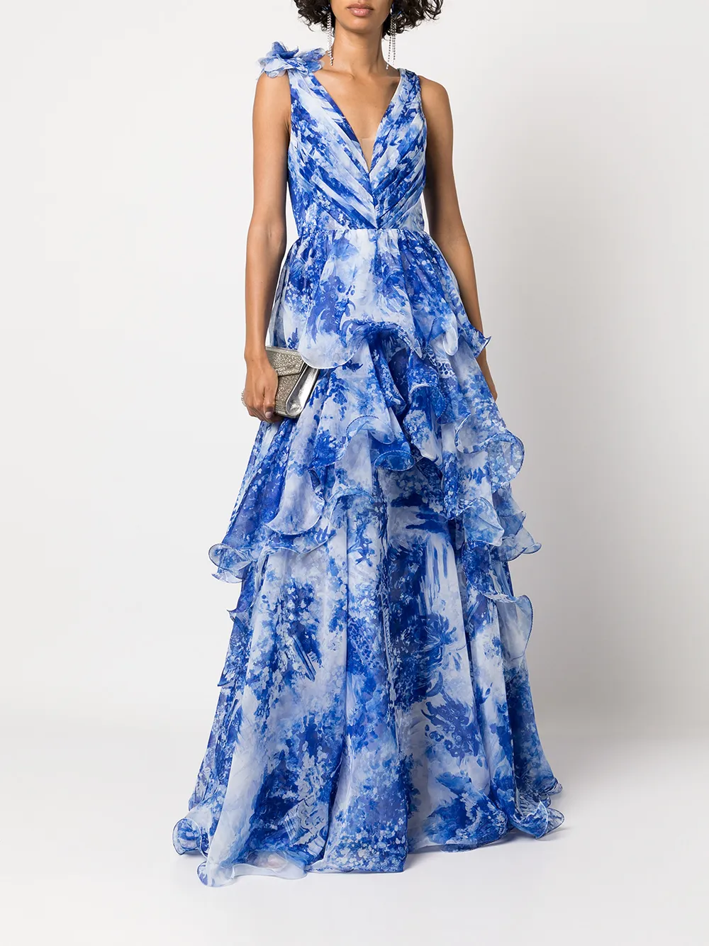 Marchesa Notte Avondjurk met bloemenprint - Blauw