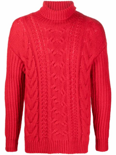 red cable knit roll neck jumper