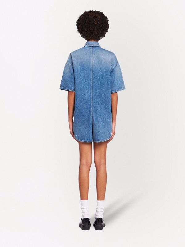 Shop Prada logo-patch denim playsuit with Express Delivery - FARFETCH