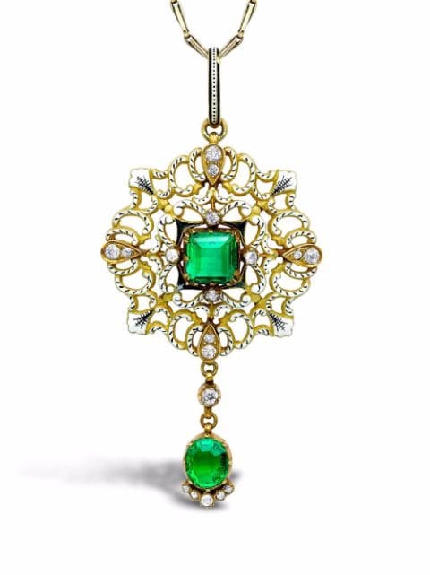 Pragnell Vintage 18kt yellow gold Carlo & Arthur Giuliano emerald and diamond enamel pendant necklace
