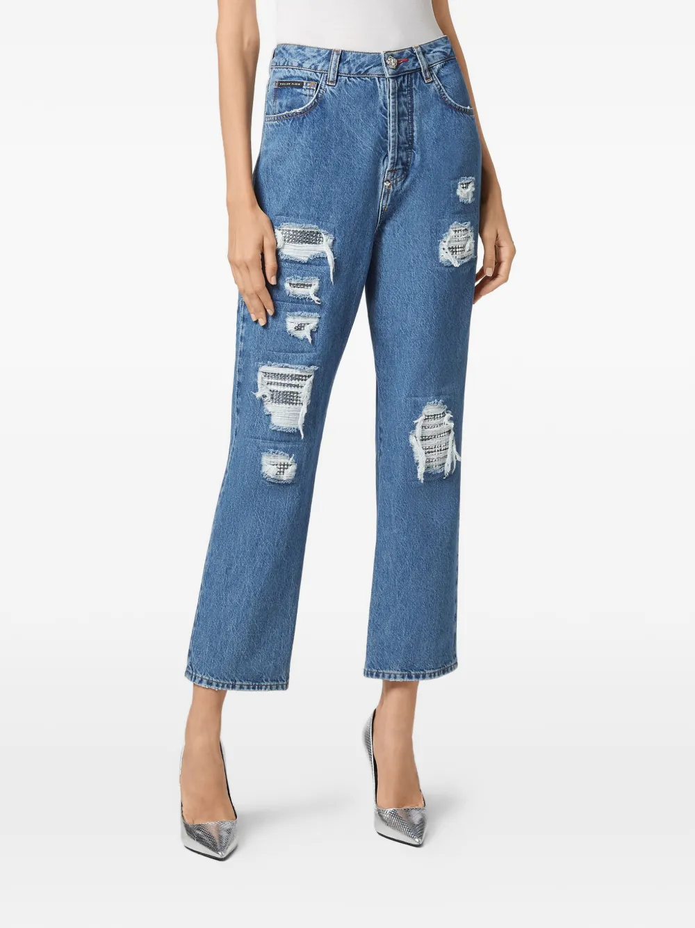 Philipp Plein Gerafelde jeans verfraaid met kristallen Blauw