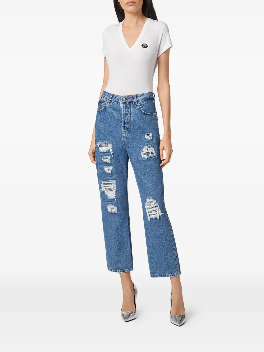 Philipp Plein Gerafelde jeans verfraaid met kristallen Blauw