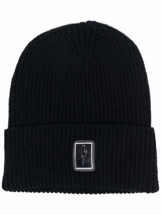 Neil Barrett Lightning Bolt logo-patch Ribbed Beanie - Farfetch