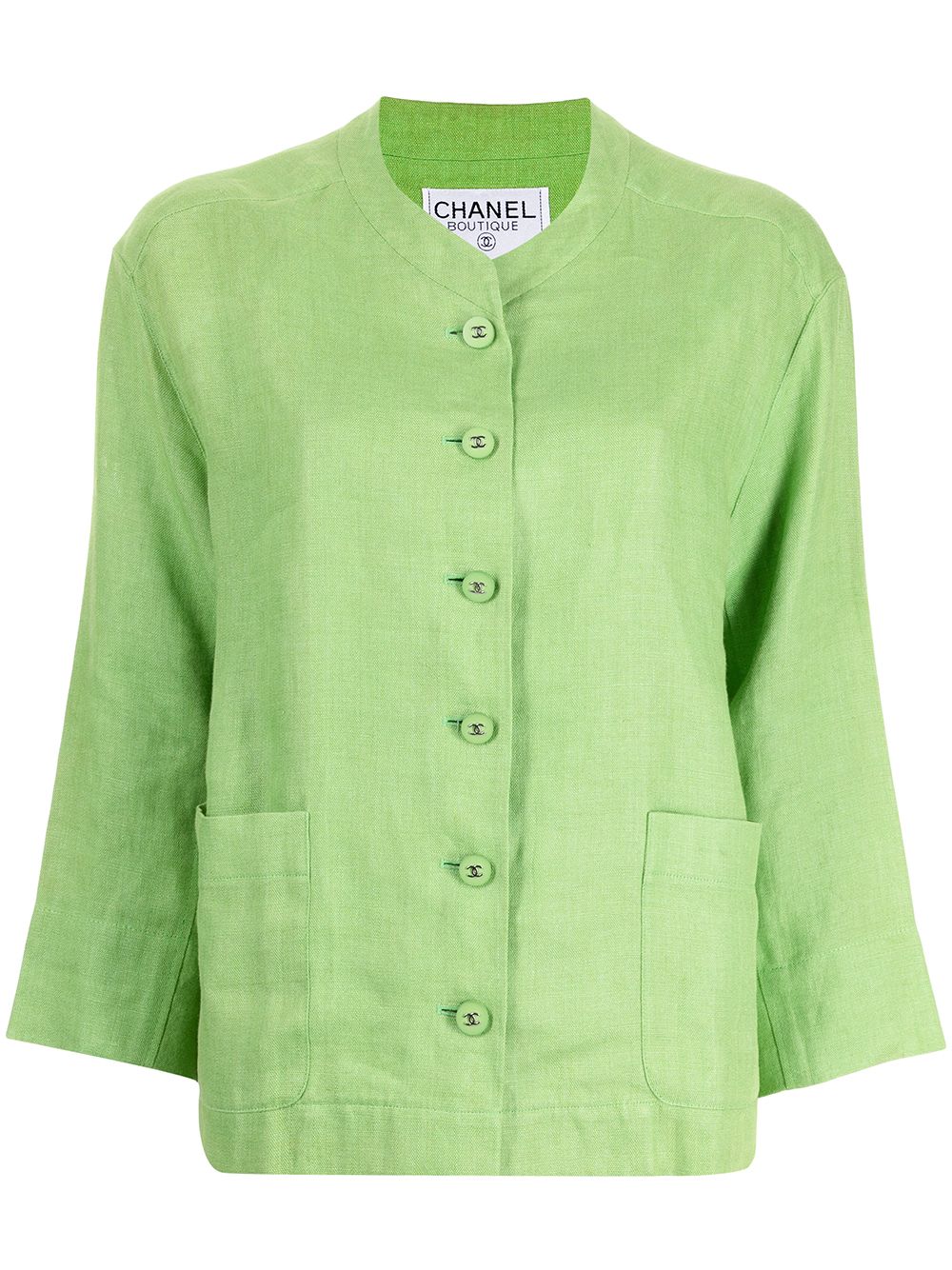 Pre-owned Chanel 1996 Cc-button Collarless Jacket In Green