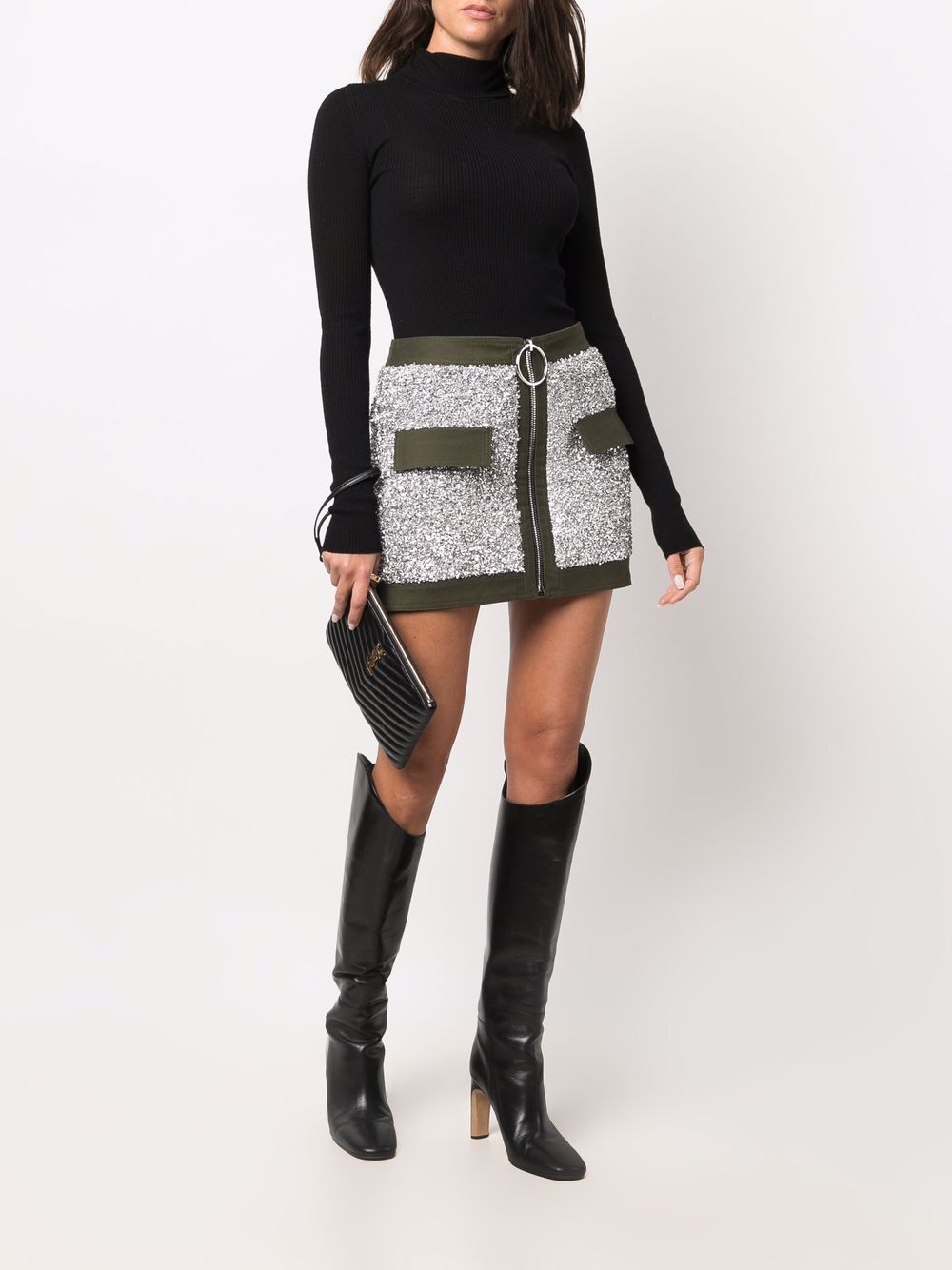 Shop Balmain Contrast-trim Zipped Skirt In Silver