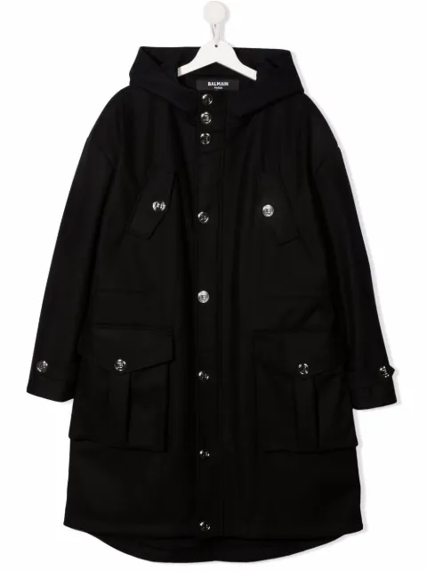 Balmain Kids معطف بجيوب متعددة وهودي
