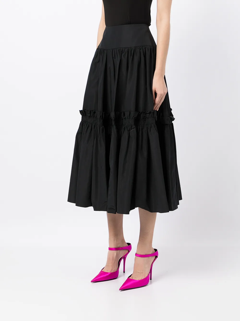 Shop Alex Perry Ruffled Full Silk Midi Skirt In Black