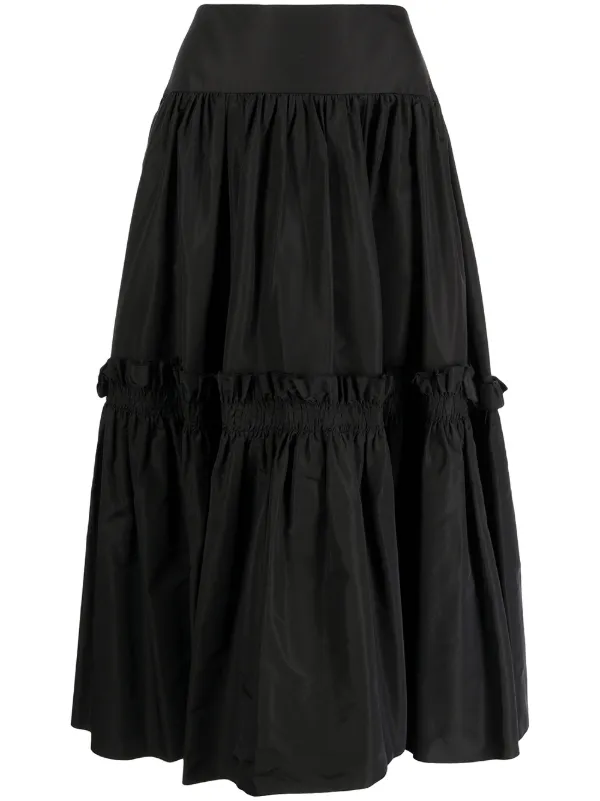 Alex Perry Ruffled Full Silk Midi Skirt in Black