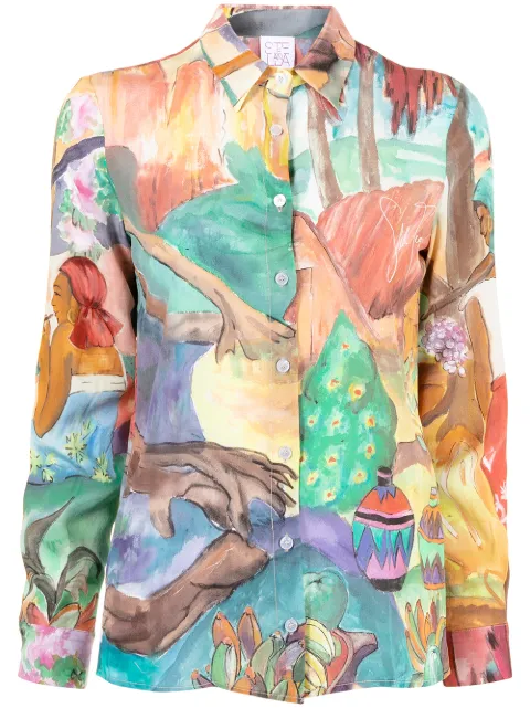 landscape watercolour-print silk shirt