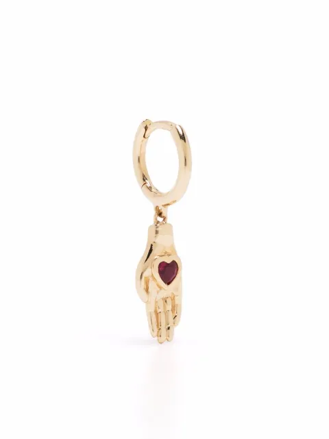 Pamela Love 14kt yellow gold Heart in Hand ruby huggie earring