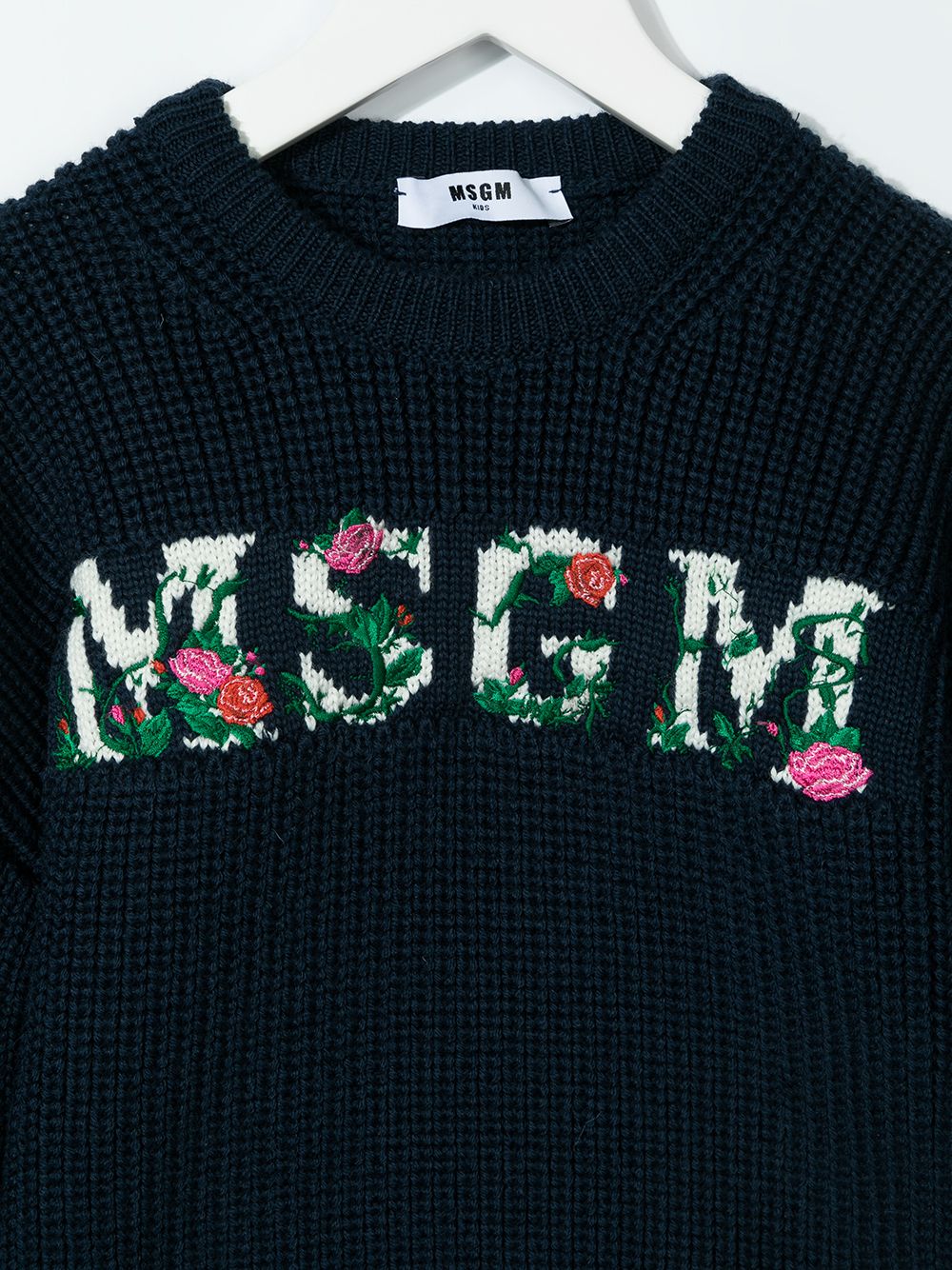 Shop Msgm Floral Logo-intarsia Jumper In Blue