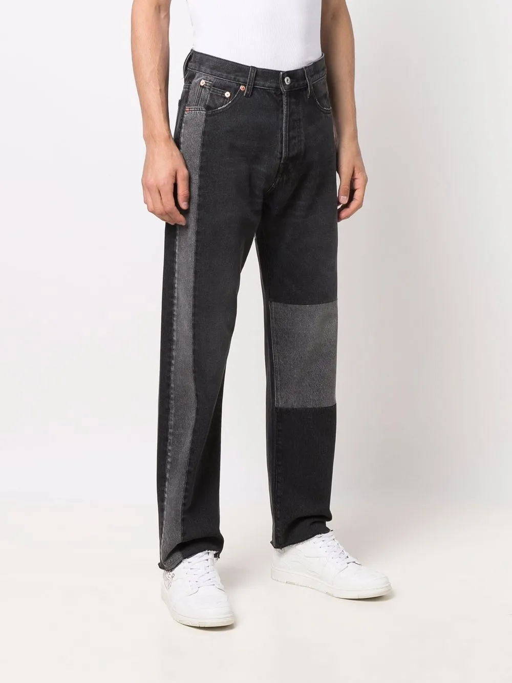 Shop Valentino Patchwork Straight-leg Trousers In Black