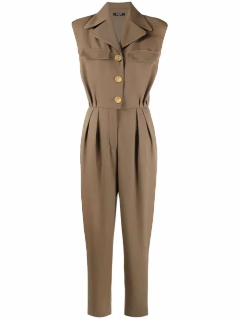 Balmain sleeveless logo-button wool jumpsuit 