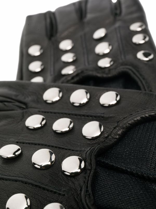 STUDDED LEATHER FINGERLESS GLOVES - Black