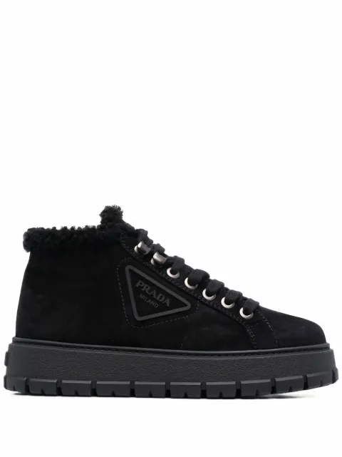Prada logo plaque shearling ankle boots