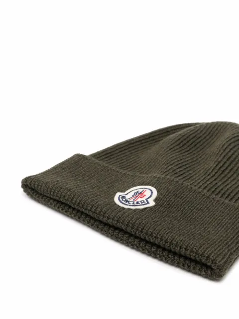 Shop Moncler logo plaque beanie hat 