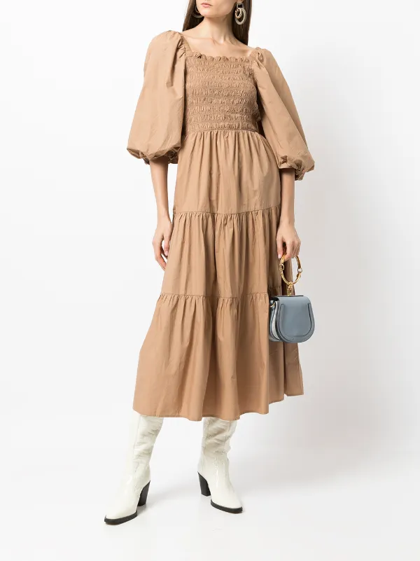 midi shirred layered ruffle dress