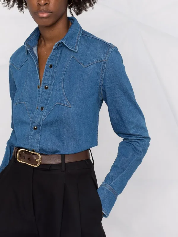 denim shirt with ruffle sleeves