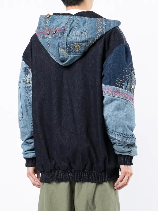 By Walid patchwork denim zip-up hoodie 