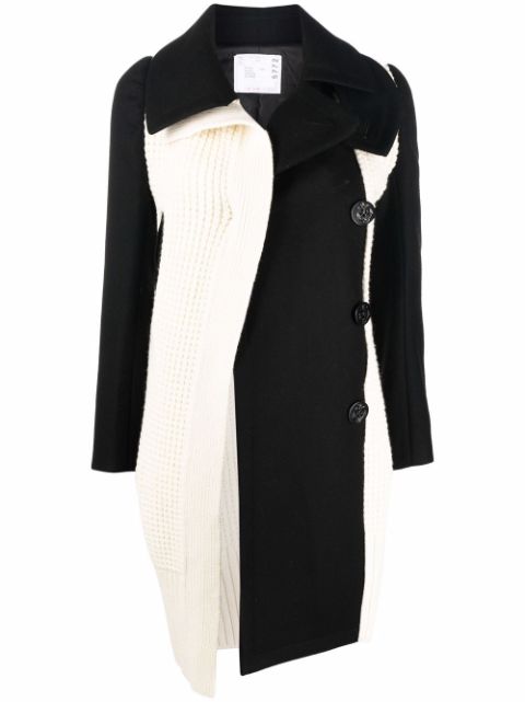 sacai colour-block chunky knit-panel mid-length coat
