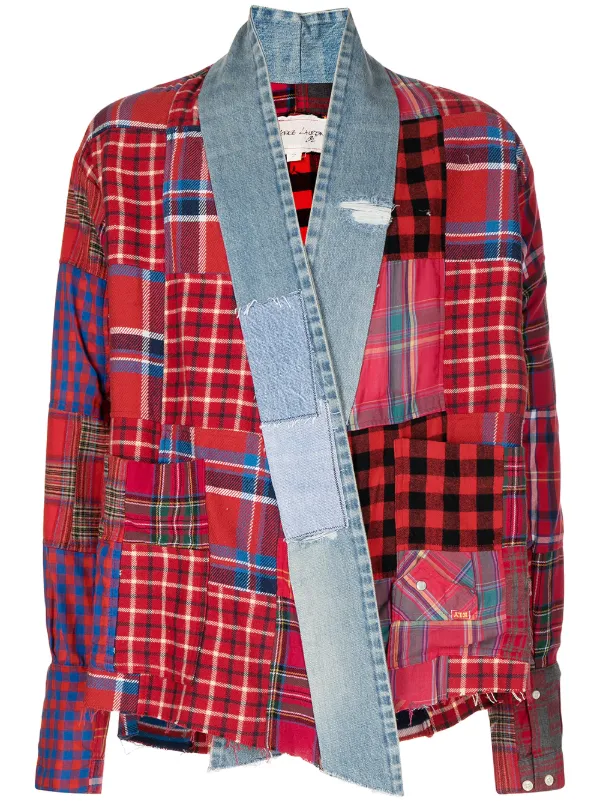 Shop Greg Lauren checked patchwork wrap-around jacket with Express Delivery  - FARFETCH